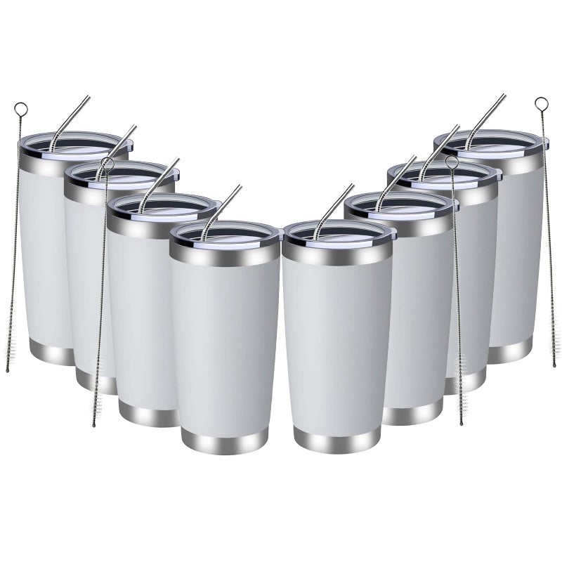 MEWAY 20oz Tumbler 8 Pack Double Wall Vacuum Insulated Travel Mug Bulk, Stainless Steel Tumblers with Lid and Straw, Durable Powder Coated Coffee Cups for Cold & Hot Drinks (White, 8) - Image 1